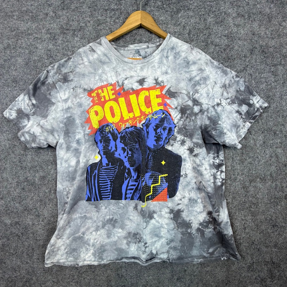The Police Graphic T-Shirt‎ Mens XL Grey Tie Dye Band Tee Japanese Text Cotton